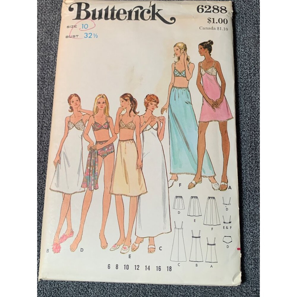 Butterick Petticoat Slip Bra Briefs Sewing Pattern Sz 10 6288 - uncut